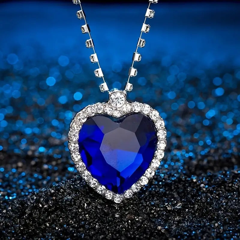 Blue Heart Pendant Sparkling Necklace - Elegant Crystal Gemstone