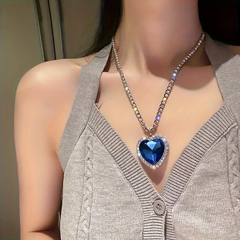 Blue Heart Pendant Sparkling Necklace - Elegant Crystal Gemstone